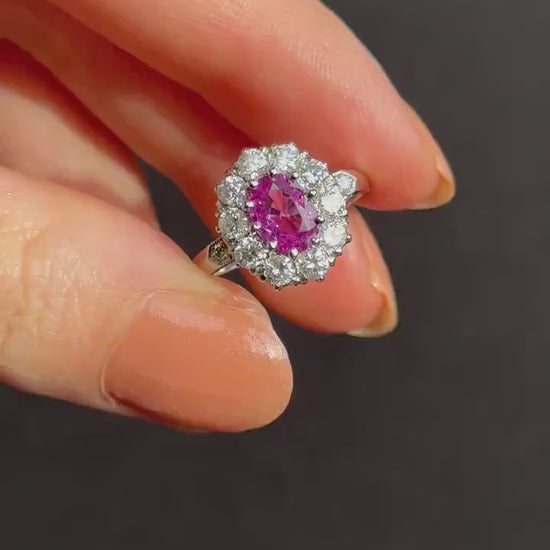 Pink Sapphire and Diamond Oval Cluster Halo Platinum Ring