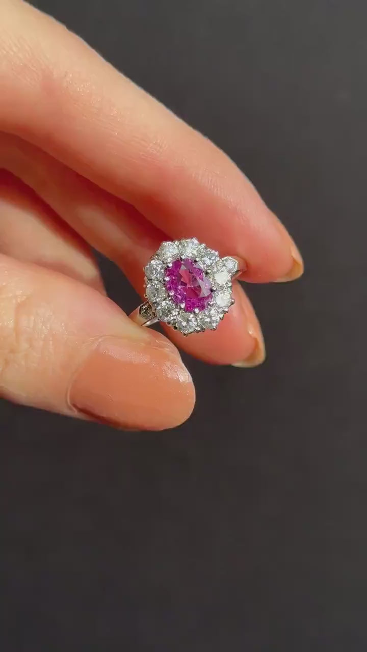 Pink Sapphire and Diamond Oval Cluster Halo Platinum Ring