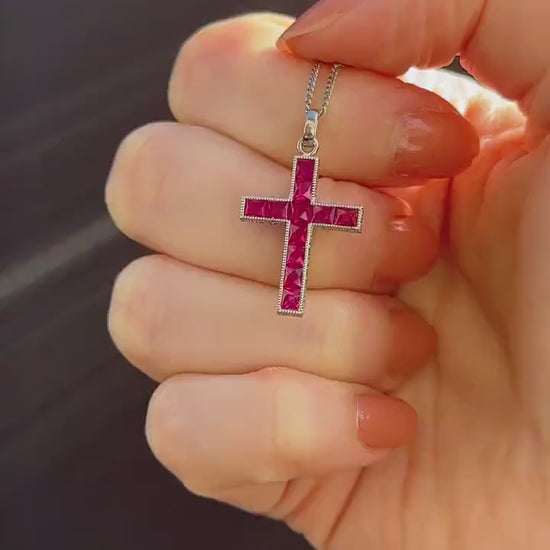 French Cut Ruby Large Cross Platinum Charm Pendant - 1.5ct