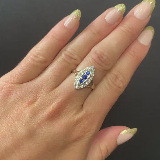 Vintage Blue Spinel Navette Cluster Gold Ring