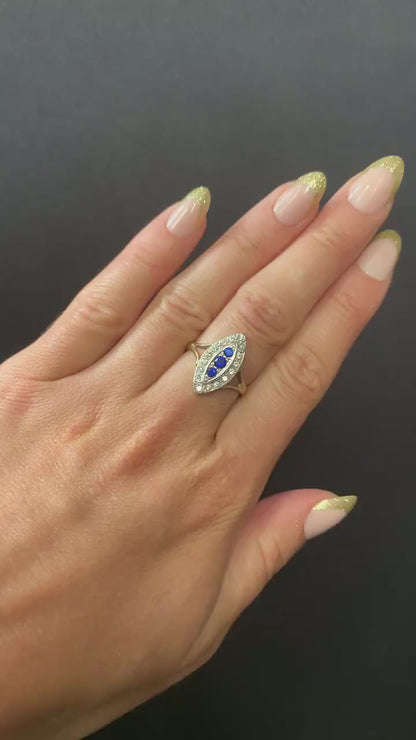 Vintage Blue Spinel Navette Cluster Gold Ring