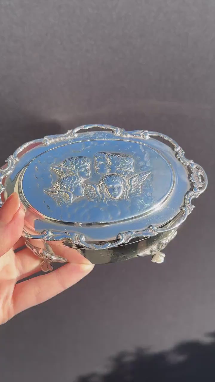 Antique Edwardian 1906 Hallmarked Angel Cherubs Silver Jewellery Box