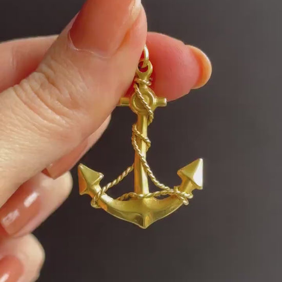 Vintage Large 18ct Yellow Gold Anchor Rope Nautical Pendant