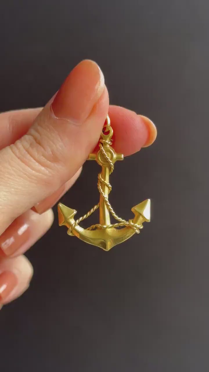 Vintage Large 18ct Yellow Gold Anchor Rope Nautical Pendant