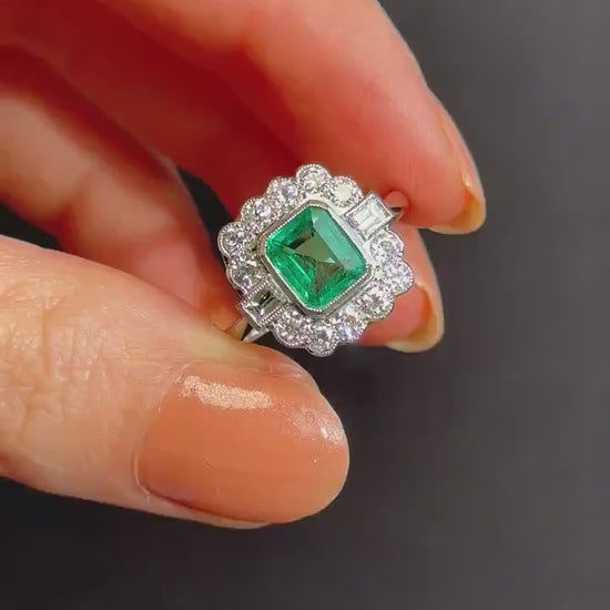 Emerald and Diamond Cluster Halo Platinum Ring | Engagement | Art Deco Style