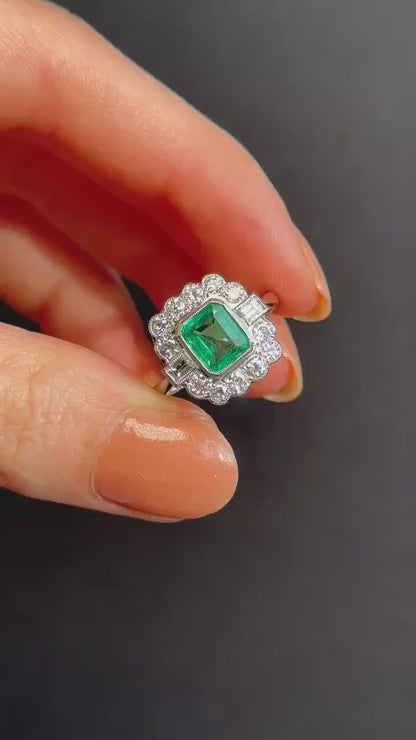 Emerald and Diamond Cluster Halo Platinum Ring | Engagement | Art Deco Style