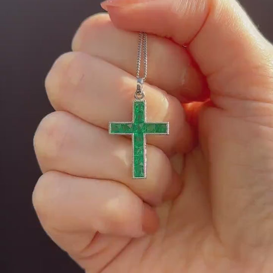 French Cut Emerald Large Cross Platinum Charm Pendant - 0.90ct