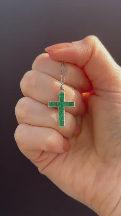 French Cut Emerald Large Cross Platinum Charm Pendant - 0.90ct