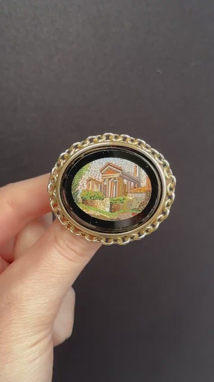 Antique Victorian Italian Micro Mosaic Pinchbeck Brooch Pin