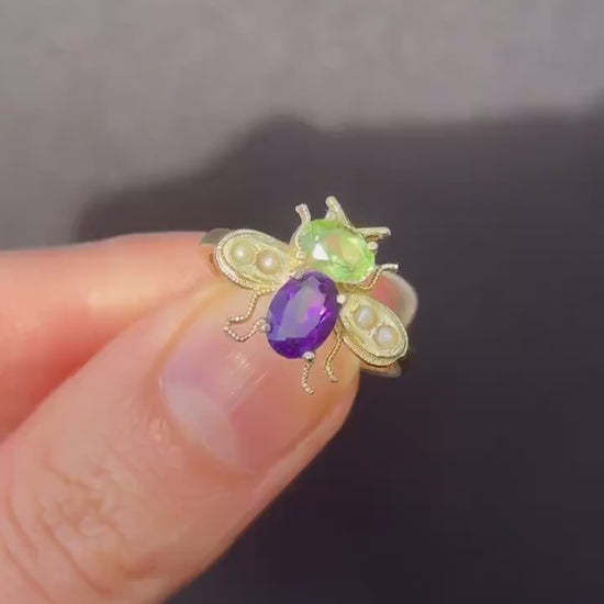 Amethyst Peridot and Pearl Insect Bee 18ct Yellow Gold on Silver Ring | Suffragette Colours