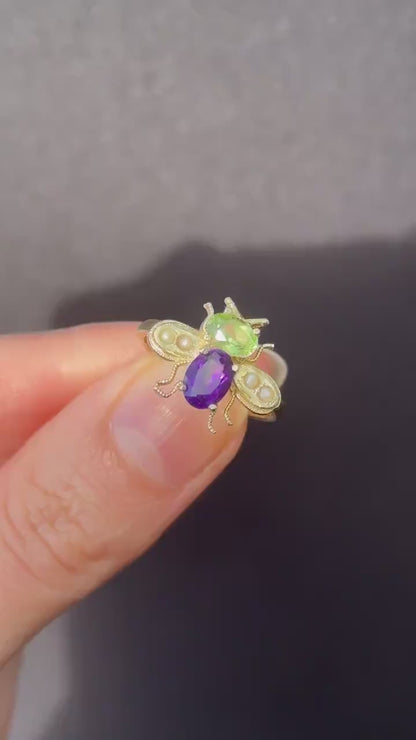 Amethyst Peridot and Pearl Insect Bee 18ct Yellow Gold on Silver Ring | Suffragette Colours