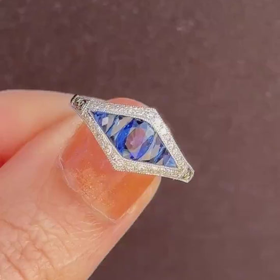 Art Deco Style Blue Sapphire and Diamond Platinum Ring