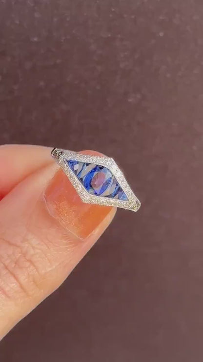 Art Deco Style Blue Sapphire and Diamond Platinum Ring