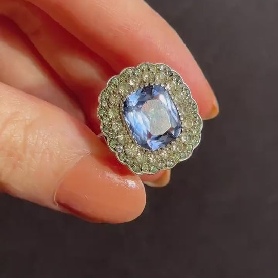 Antique French Blue Paste Silver Cluster Dress Ring