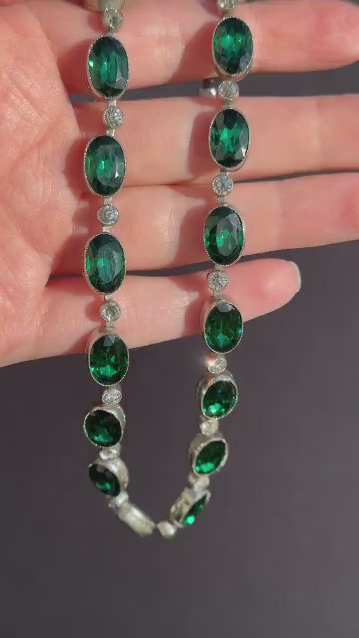 Vintage Green Paste Bezel Set Riviere Necklace | Art Deco