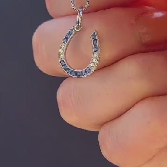 French Cut Sapphire and Diamond Horseshoe Platinum Charm Pendant