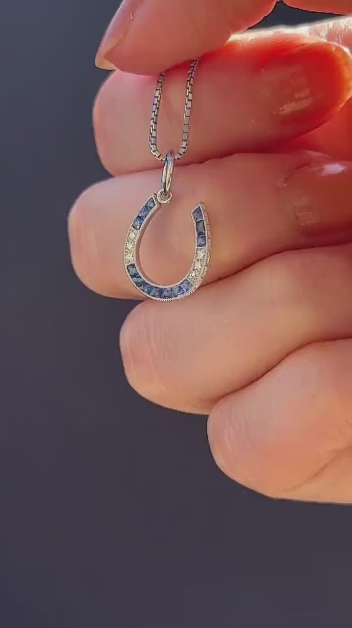 French Cut Sapphire and Diamond Horseshoe Platinum Charm Pendant