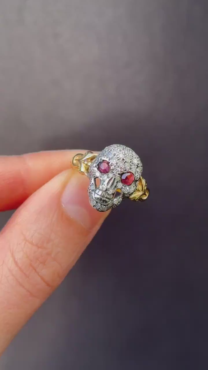 Diamond and Garnet Skull 18ct Yellow Gold Ring Antique Style Lancastrian Jewellers
