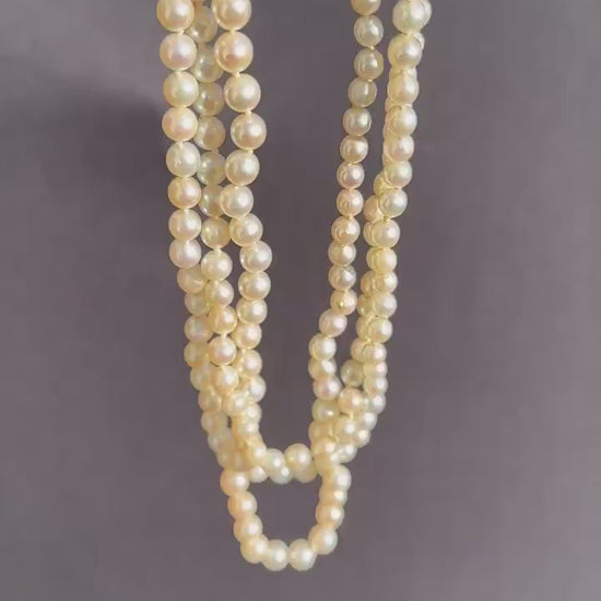 Vintage Multi Strand Pearl 9ct Gold Emerald Diamond Triple Strand Beaded Necklace