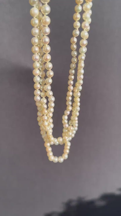 Vintage Multi Strand Pearl 9ct Gold Emerald Diamond Triple Strand Beaded Necklace