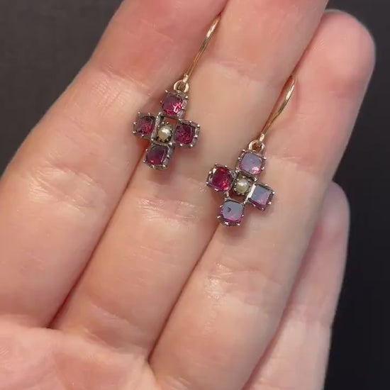 Antique Georgian Flat Cut Garnet and Pearl 9ct Gold Drop Earrings