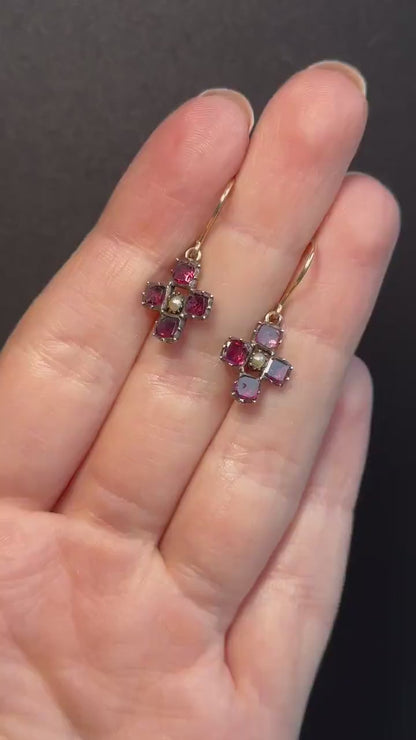 Antique Georgian Flat Cut Garnet and Pearl 9ct Gold Drop Earrings