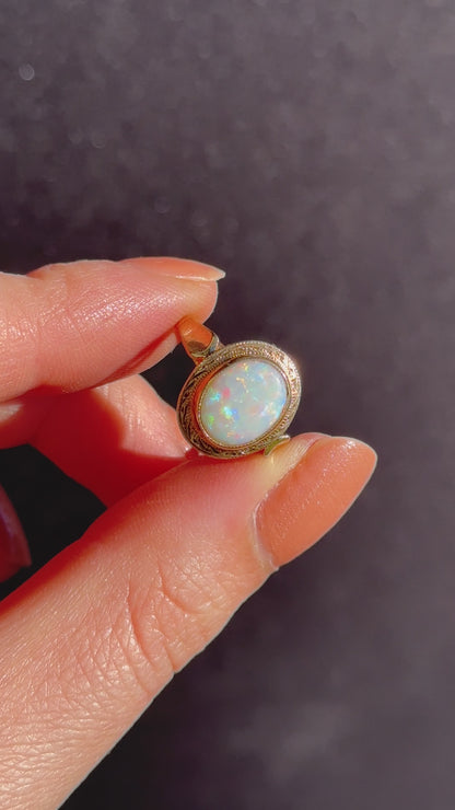 Vintage Natural Opal Oval Bezel Solitaire 9ct Yellow Gold Ring