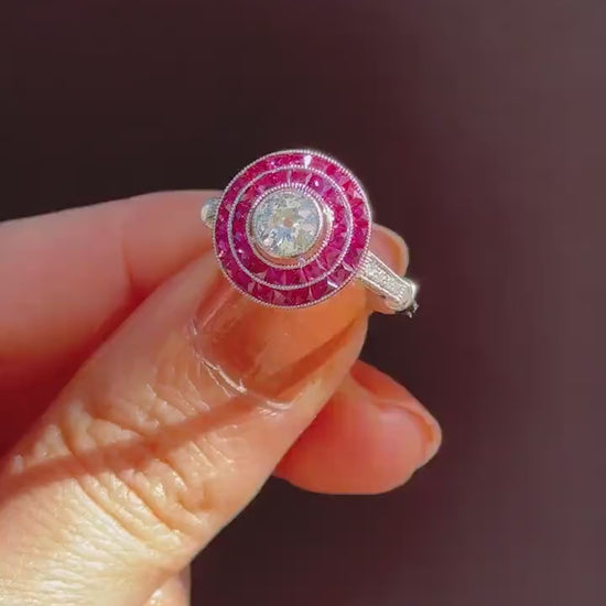 Art Deco Style Ruby and Old Cut Diamond Platinum Target Halo Ring