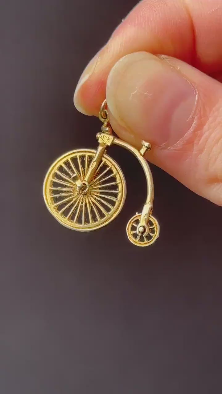 Vintage 18k Old Fashioned Bicycle Pendant, Red Stone Bicycle Charm, 18k Yellow Gold Penny Farthing Pendant Charm, Victorian cheapest Bicycle Charm