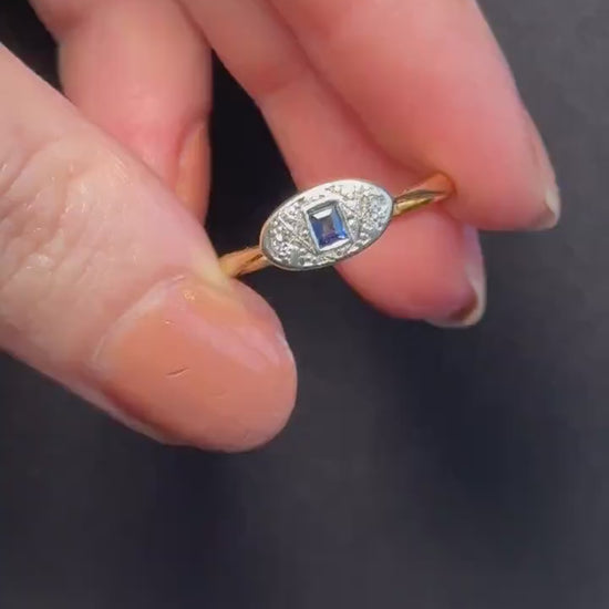 Art Deco Blue Sapphire and Diamond 18ct Yellow Gold and Platinum Ring | Antique