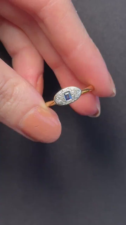 Art Deco Blue Sapphire and Diamond 18ct Yellow Gold and Platinum Ring | Antique