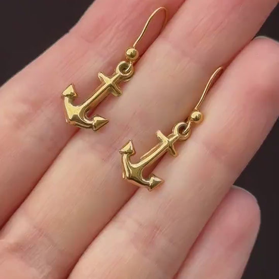 Vintage Anchor Nautical 9ct Yellow Gold Drop Earrings