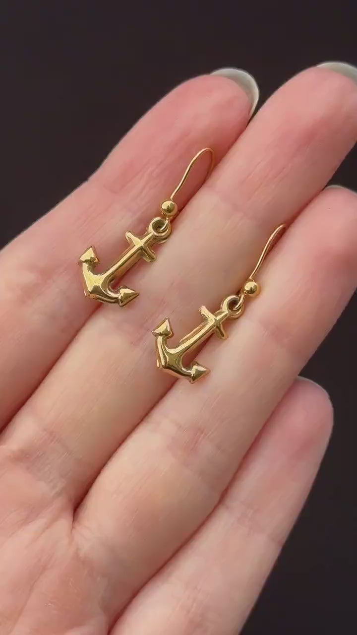 Vintage Anchor Nautical 9ct Yellow Gold Drop Earrings