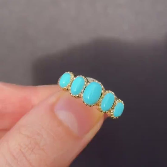 Turquoise Five Stone 18ct Gold on Silver Ring | Antique Georgian Style