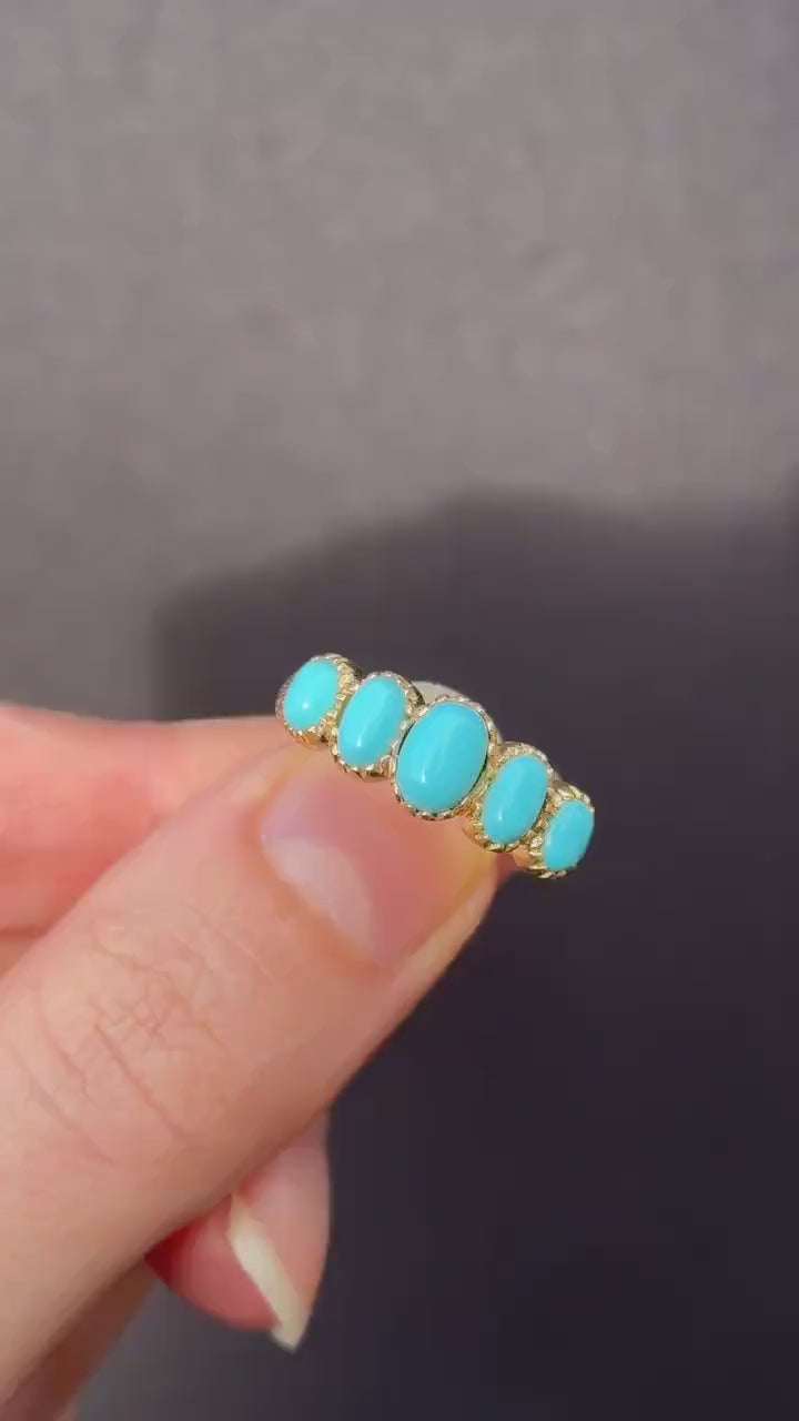 Turquoise Five Stone 18ct Gold on Silver Ring | Antique Georgian Style