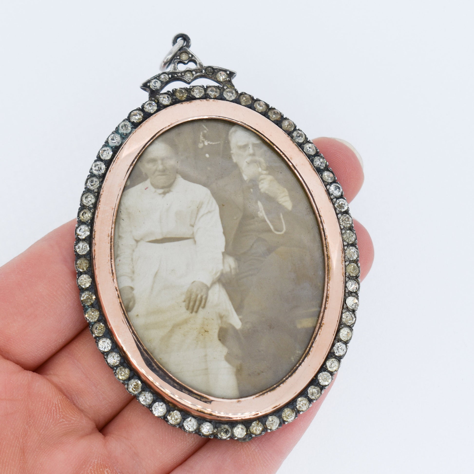 Antique Edwardian Paste Large Silver and Rose Gold Oval Locket Pendant in Box / Boxed | C.1900