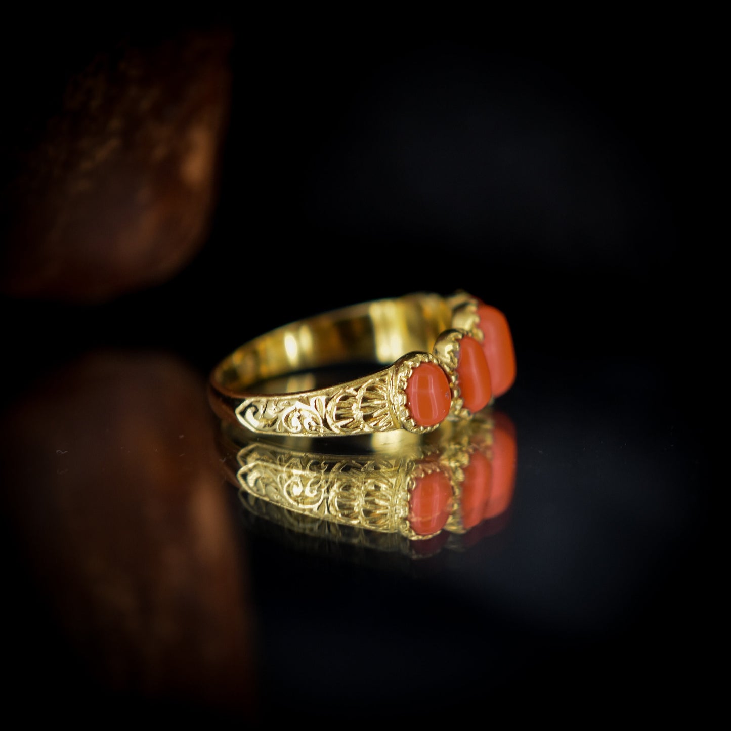 Coral Five Stone 18ct 18K Yellow Gold Gilded Ring Band | Antique Georgian Style