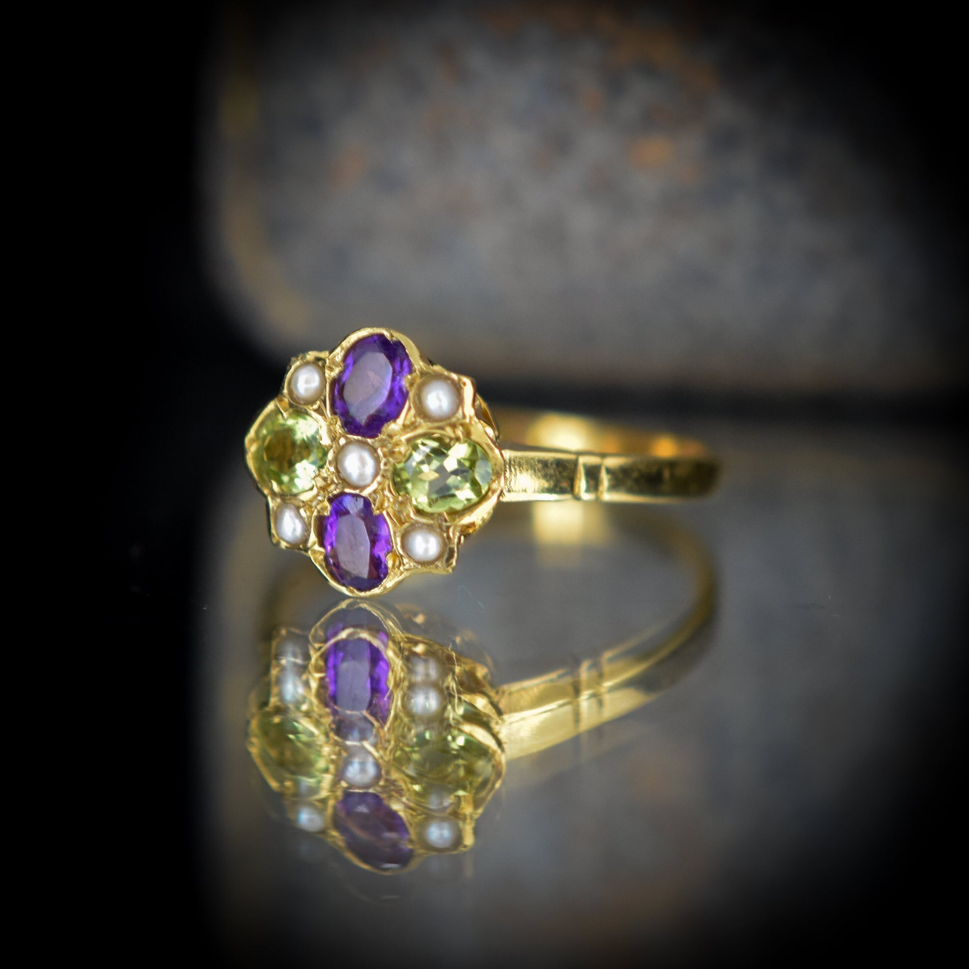 Suffragette Style Amethyst Peridot and Pearl 18ct 18K Yellow Gold on Silver Cluster Ring – Antique Inspired