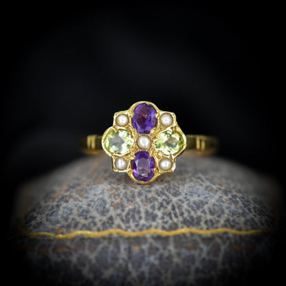 Suffragette Style Amethyst Peridot and Pearl 18ct 18K Yellow Gold on Silver Cluster Ring – Antique Inspired