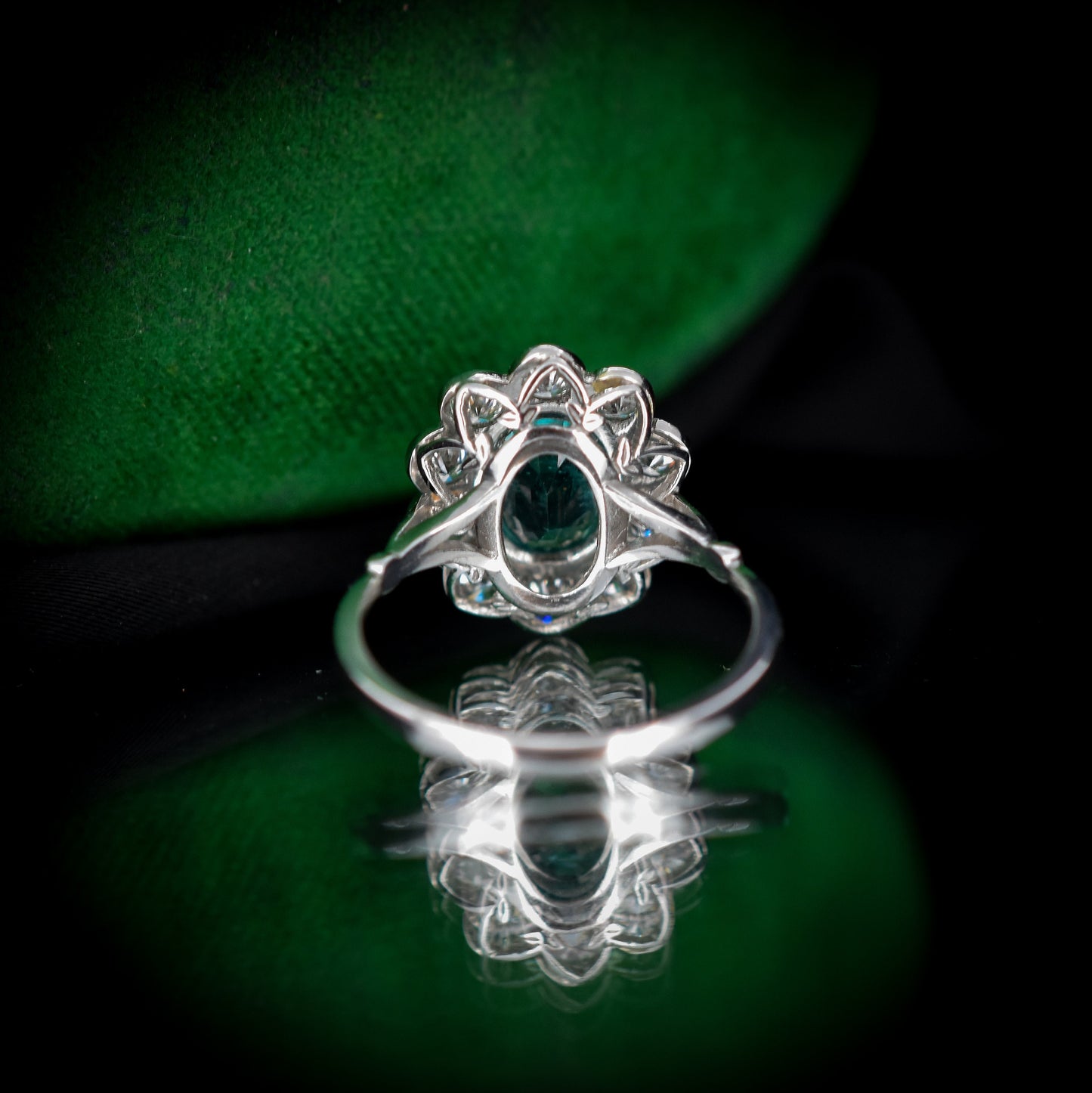 Emerald and Diamond Oval Cluster Halo Platinum Ring | Antique Style