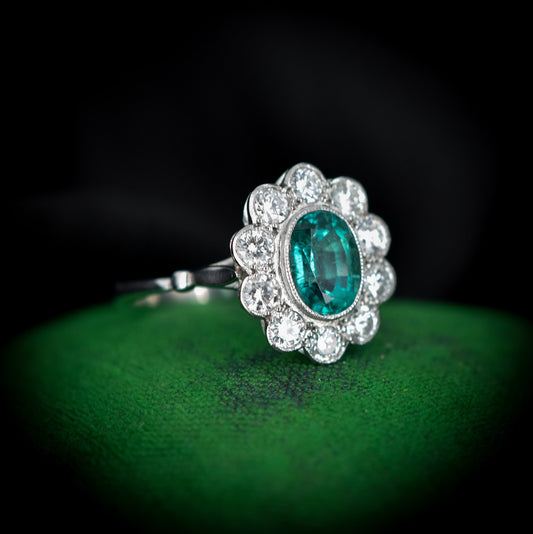 Emerald and Diamond Oval Cluster Halo Platinum Ring | Antique Style