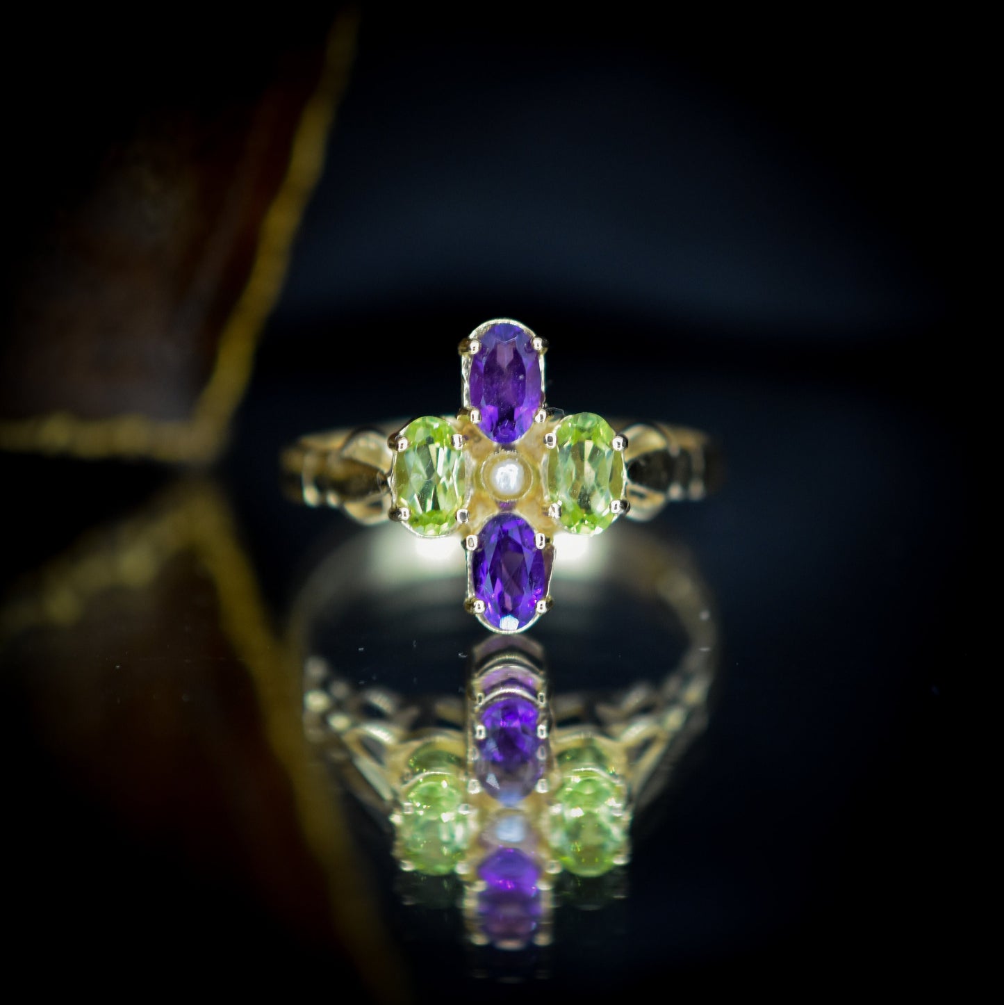 Suffragette Style Amethyst Peridot and Pearl 9ct Yellow Gold Cluster Ring – Antique Inspired