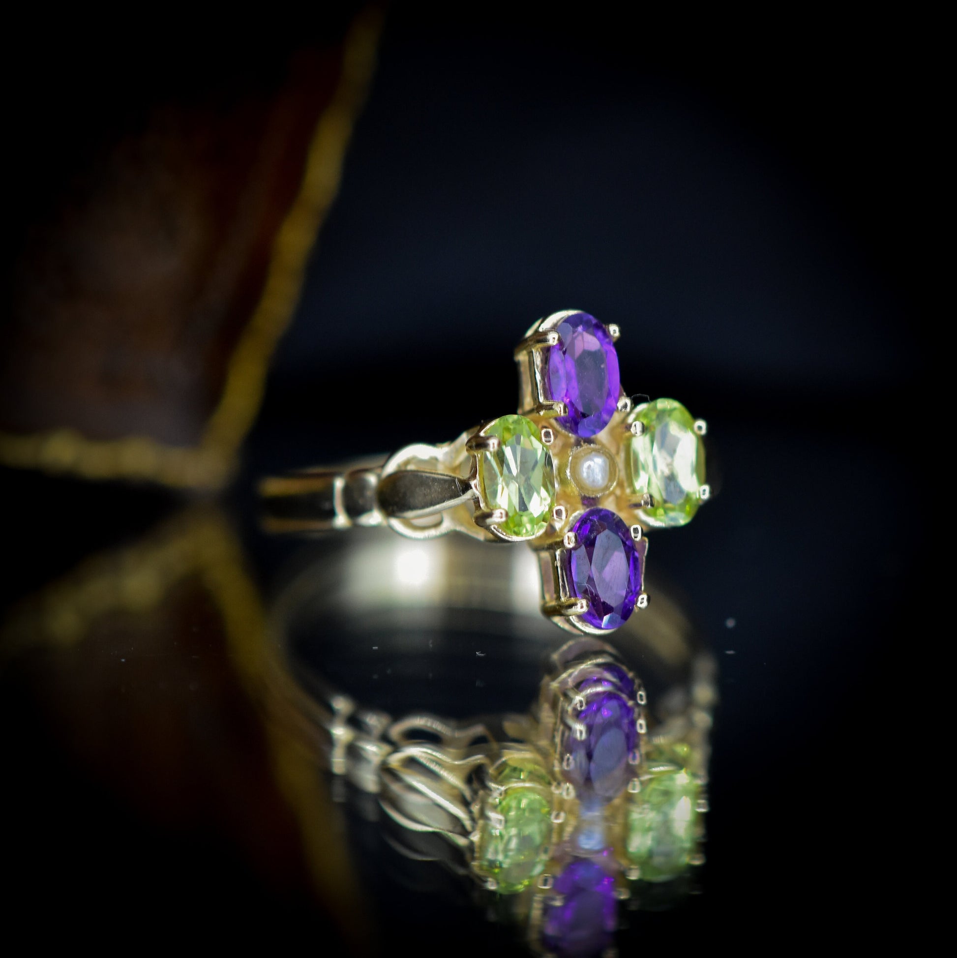 Suffragette Style Amethyst Peridot and Pearl 9ct Yellow Gold Cluster Ring – Antique Inspired