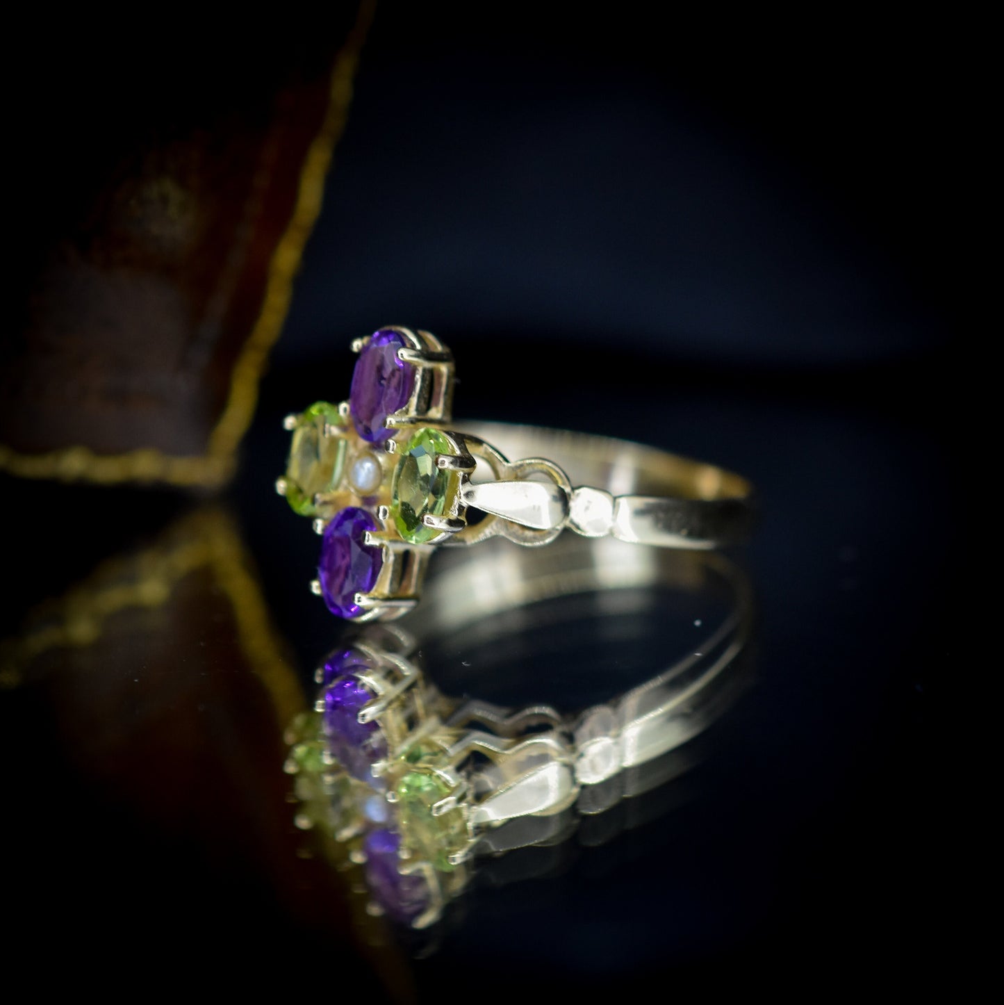 Suffragette Style Amethyst Peridot and Pearl 9ct Yellow Gold Cluster Ring – Antique Inspired