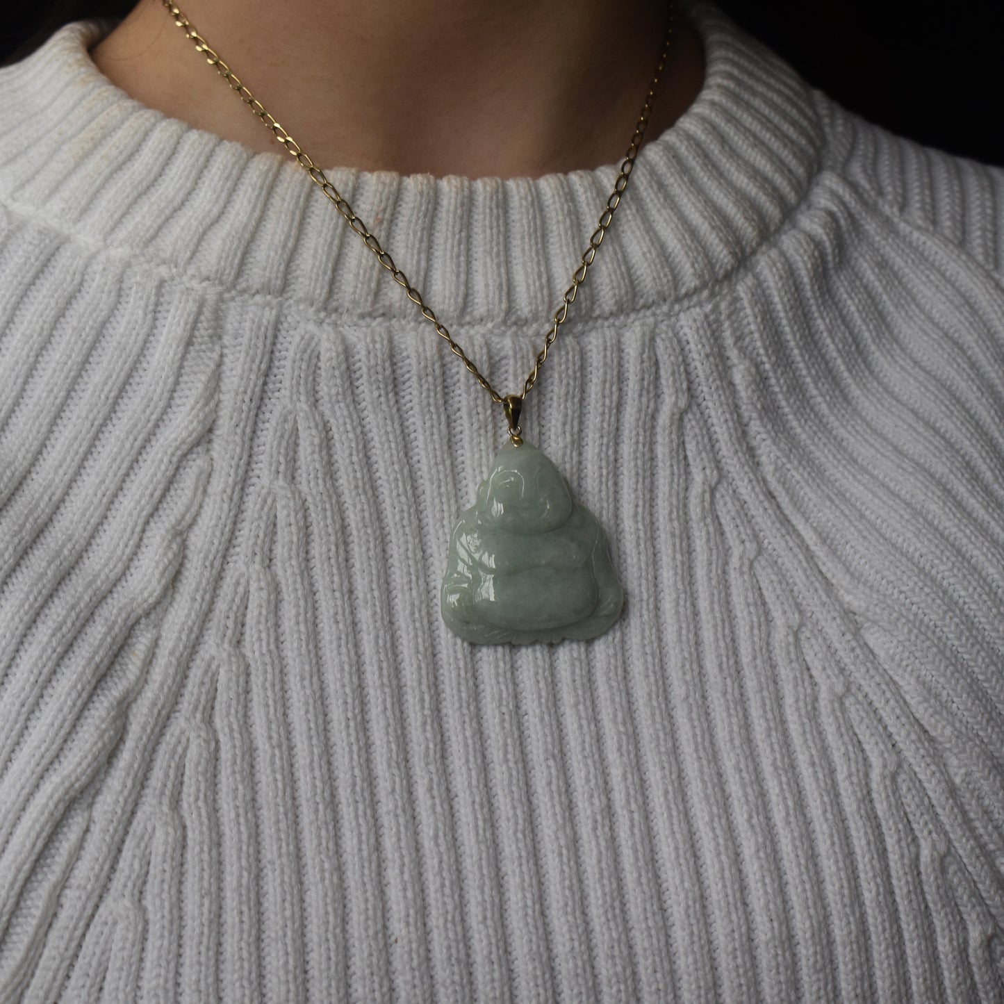 Vintage Green Jade Jadeite Buddha 14ct 14K Yellow Gold Drop Pendant | Chinese