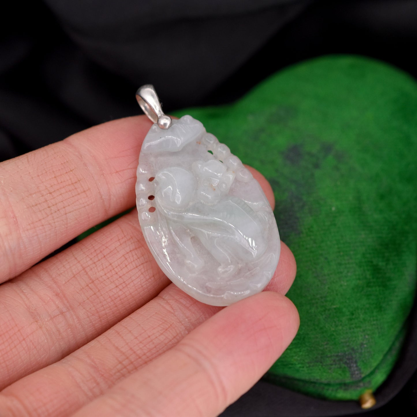 Vintage Jade Carved Monkey Sterling Silver Drop Pendant