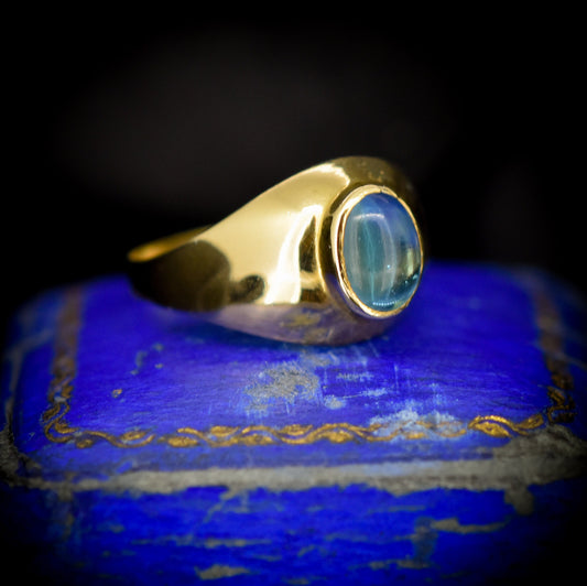 Vintage Blue Paste Cabochon 9ct 9K Yellow Gold Signet Ring – Unisex