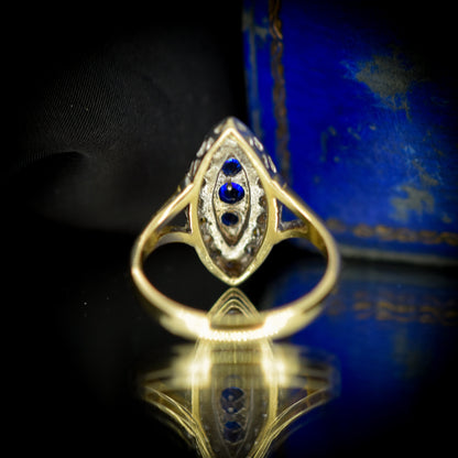 Vintage Blue Spinel Navette Cluster Gold Ring