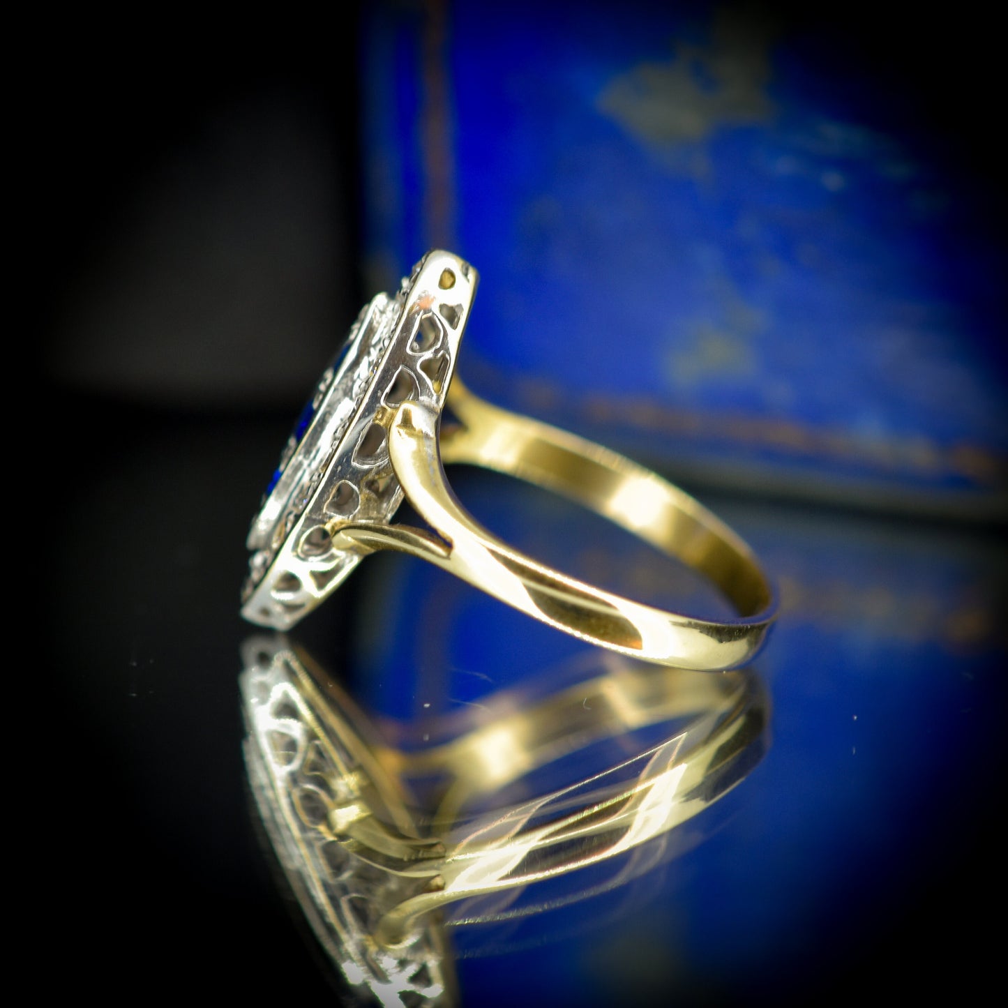 Vintage Blue Spinel Navette Cluster Gold Ring