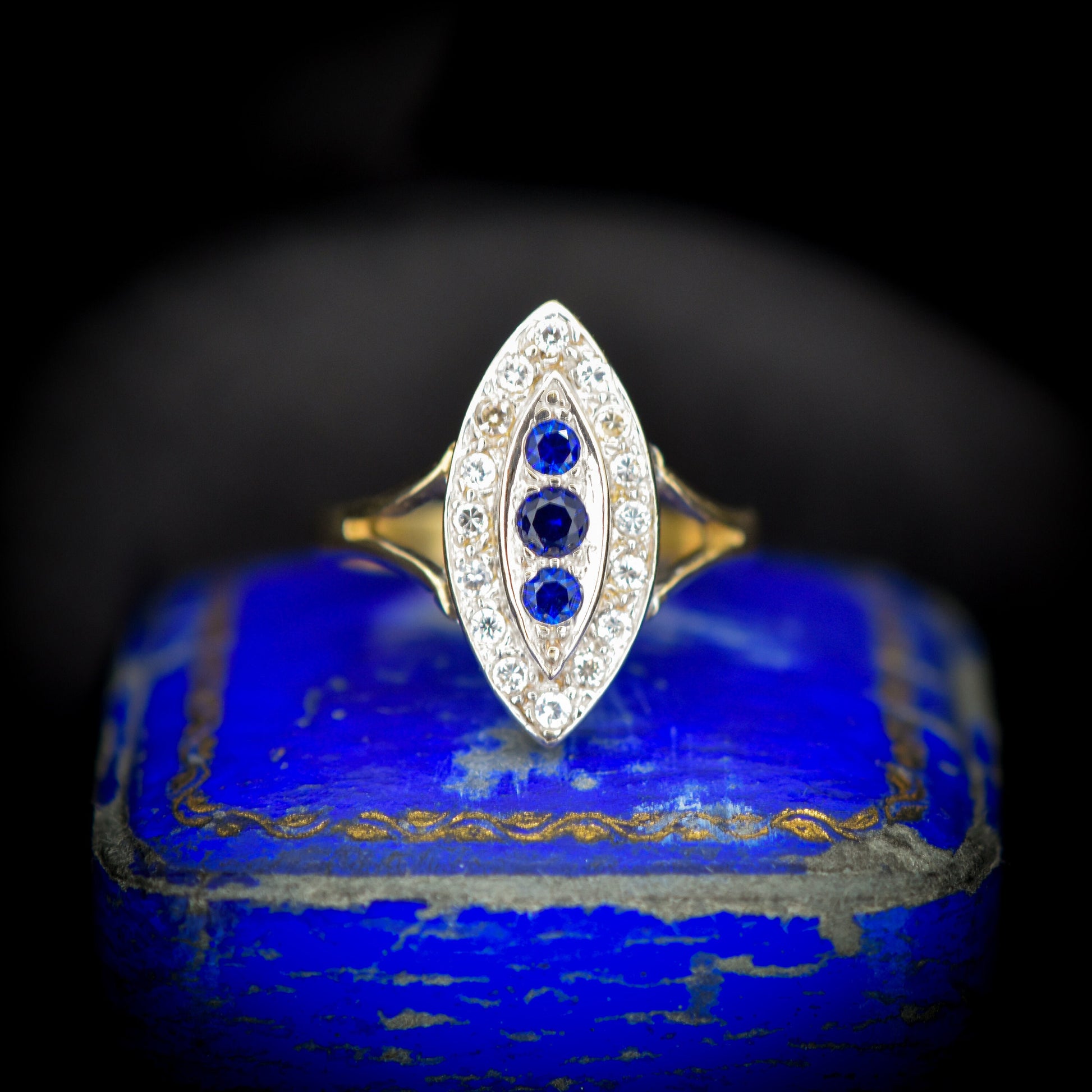 Vintage Blue Spinel Navette Cluster Gold Ring